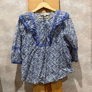 LOFT Blue and White Floral Ruffle Peasant Top